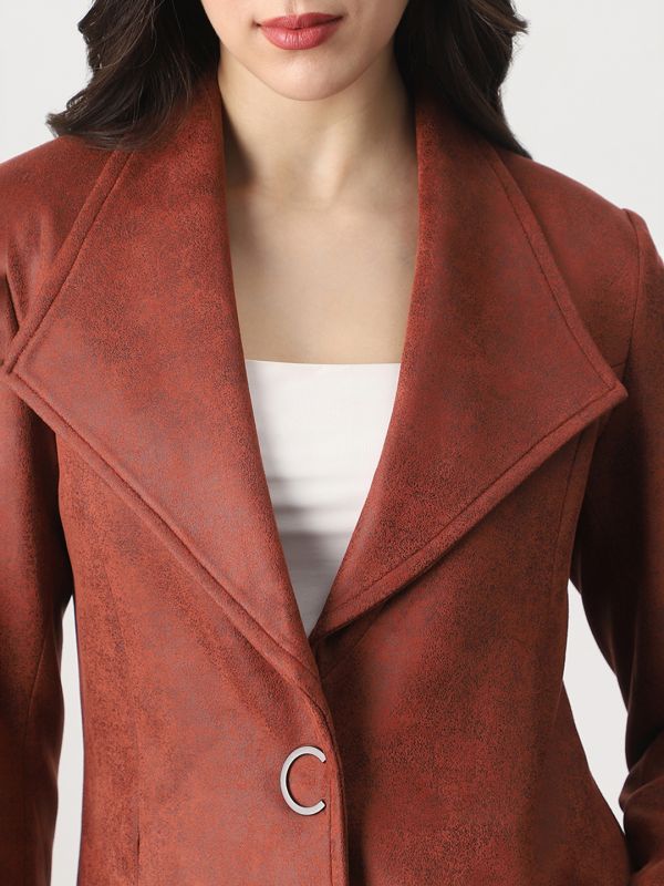 Globus Women Rust Shawl Collar Long Sleeves Self Design Suede 2 Pockets Soft Functional Winterwear Overcoat