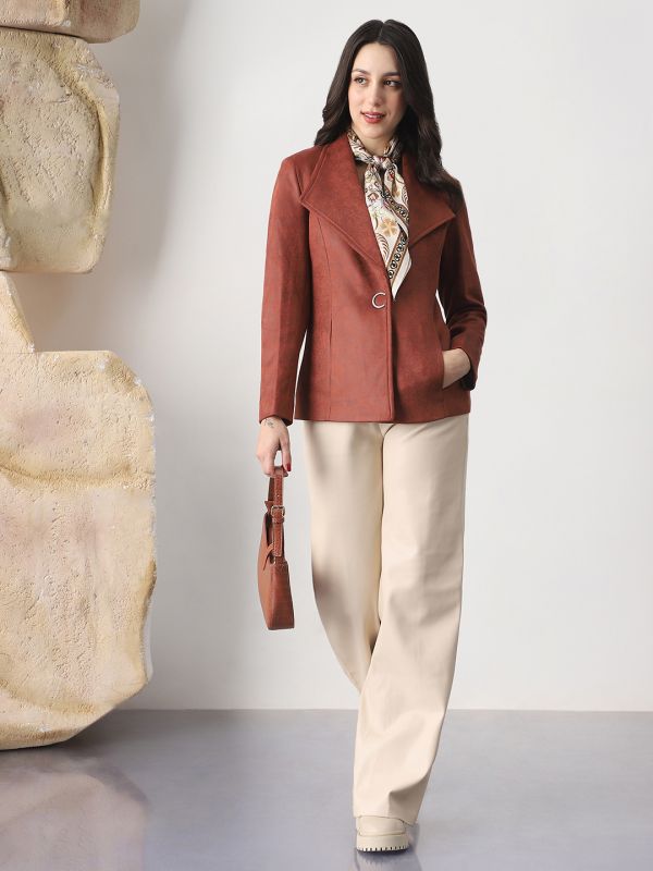 Globus Women Rust Shawl Collar Long Sleeves Self Design Suede 2 Pockets Soft Functional Winterwear Overcoat