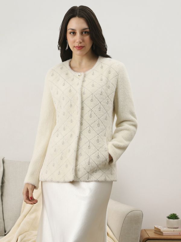 Globus Women White Self Design Embellished Work Round Neck Long Sleeves Suede 2 Pocket Soft Functional Winterwear Overcoat