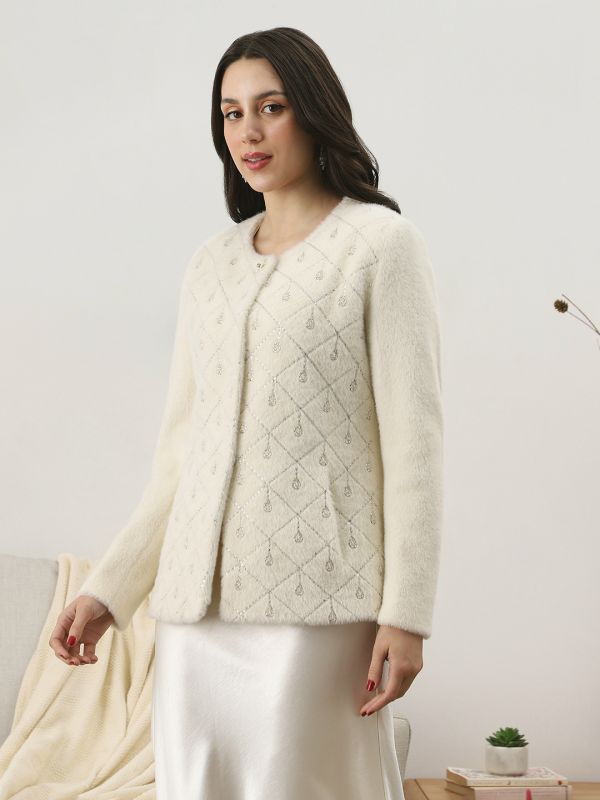 Globus Women White Self Design Embellished Work Round Neck Long Sleeves Suede 2 Pocket Soft Functional Winterwear Overcoat