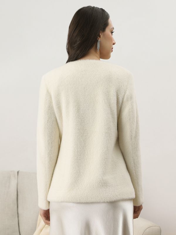 Globus Women White Self Design Embellished Work Round Neck Long Sleeves Suede 2 Pocket Soft Functional Winterwear Overcoat
