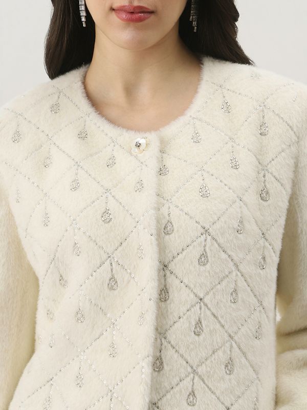 Globus Women White Self Design Embellished Work Round Neck Long Sleeves Suede 2 Pocket Soft Functional Winterwear Overcoat