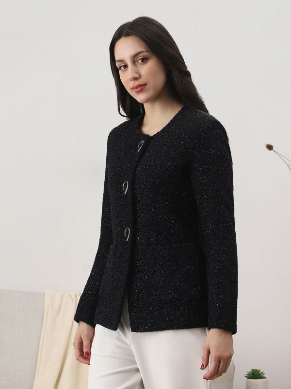Globus Women Black Round Neck Long Sleeves Shimmer Self Design 2 Pockets Tailored Fit Winter Wear Overcoat
