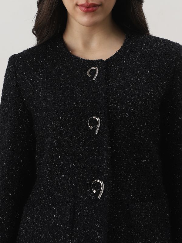 Globus Women Black Round Neck Long Sleeves Shimmer Self Design 2 Pockets Tailored Fit Winter Wear Overcoat