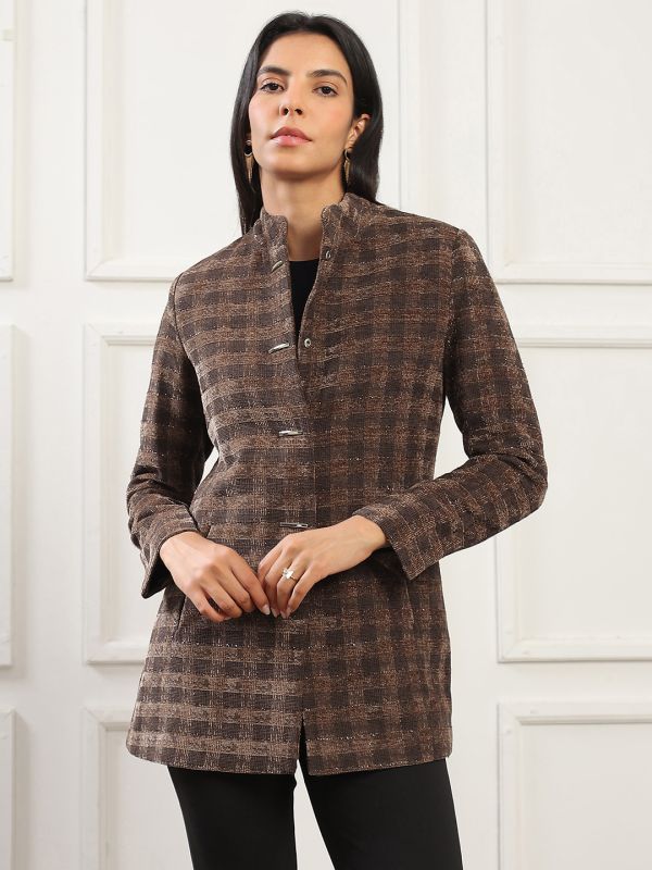 Globus Women Camel Brown Mock Collar Long Sleeves Self Checkered 2 Pockets Hip Length Winterwear Overcoat