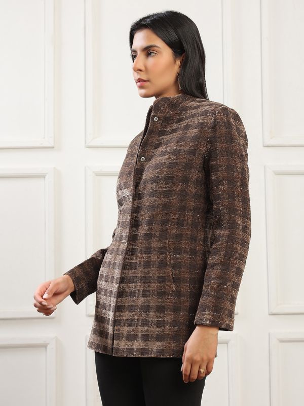 Globus Women Camel Brown Mock Collar Long Sleeves Self Checkered 2 Pockets Hip Length Winterwear Overcoat