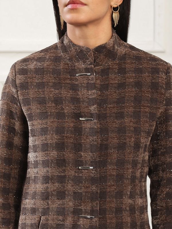 Globus Women Camel Brown Mock Collar Long Sleeves Self Checkered 2 Pockets Hip Length Winterwear Overcoat
