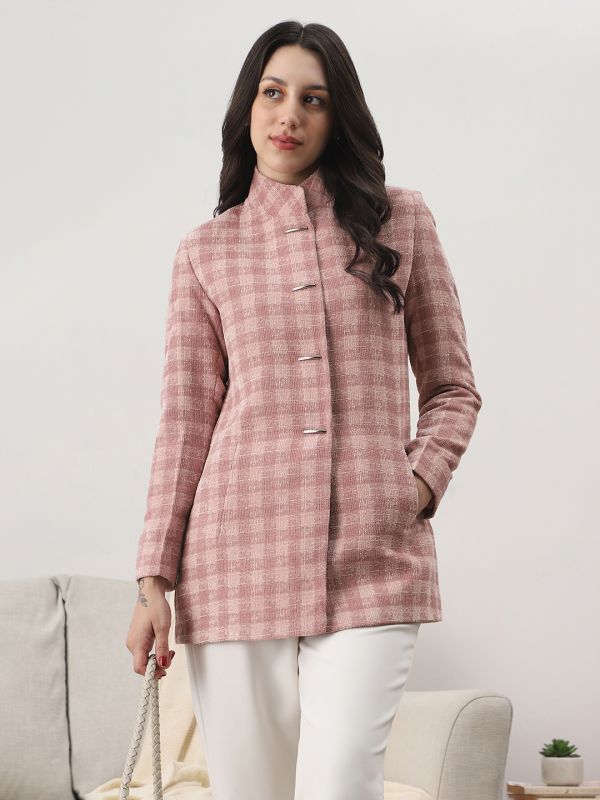 Globus Women Pink Mock Collar Long Sleeves Self Checkered 2 Pockets Hip Length Winterwear Overcoat