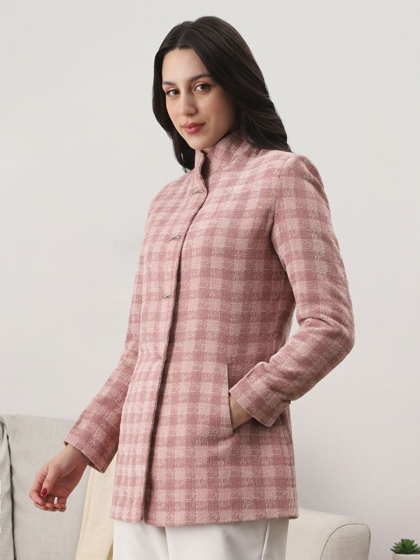 Globus Women Pink Mock Collar Long Sleeves Self Checkered 2 Pockets Hip Length Winterwear Overcoat