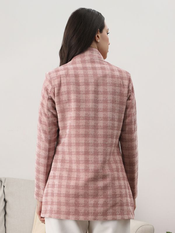 Globus Women Pink Mock Collar Long Sleeves Self Checkered 2 Pockets Hip Length Winterwear Overcoat