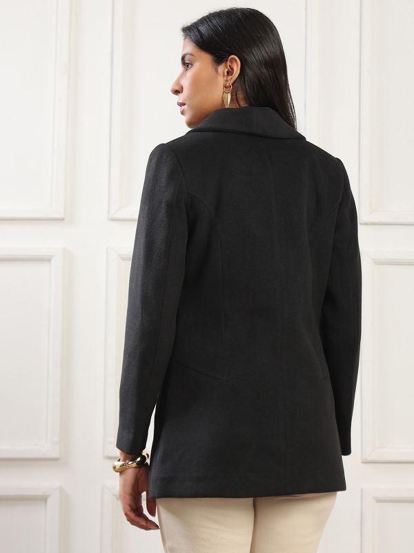 Globus Women Black Notched Lapel Long Sleeves Solid 2 Pockets Soft Functional Hip Length Winterwear Overcoat