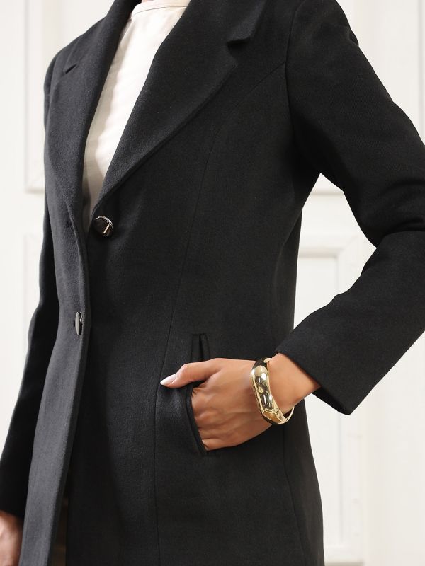 Globus Women Black Notched Lapel Long Sleeves Solid 2 Pockets Soft Functional Hip Length Winterwear Overcoat