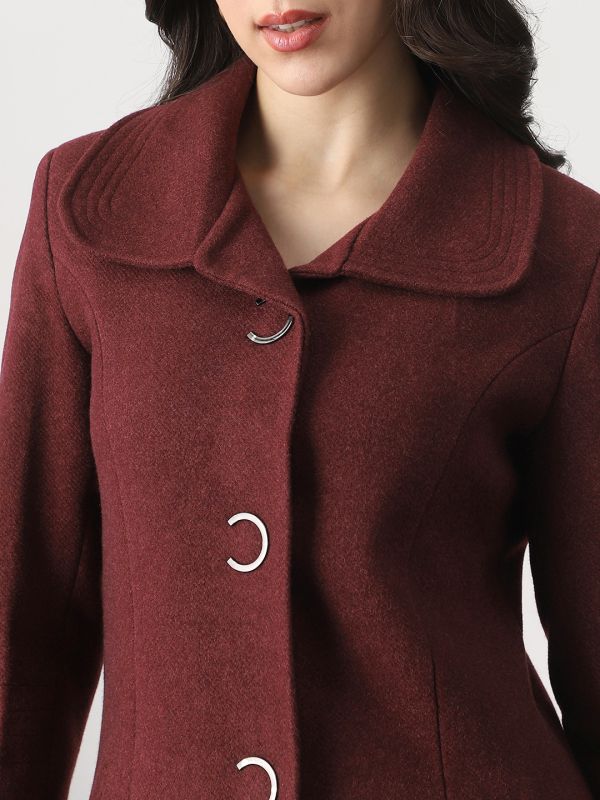 Globus Women Burgundy Self Design Peter Pan Collar Long Sleeve Hip Length Tailored Fit Overcoat 