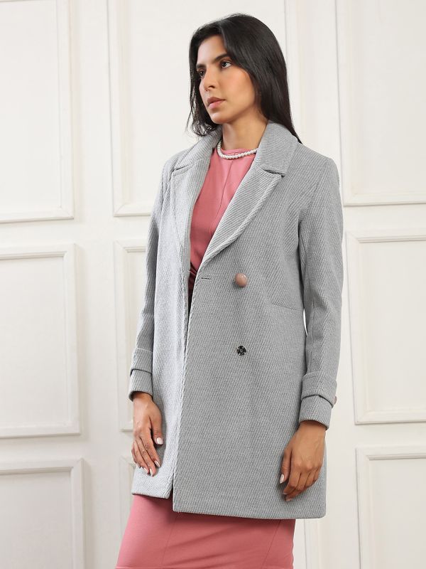 Globus Women Blue Notched Lapel Long Sleeves Striped Self Design 2 Pockets Hip Length Winterwear Overcoat