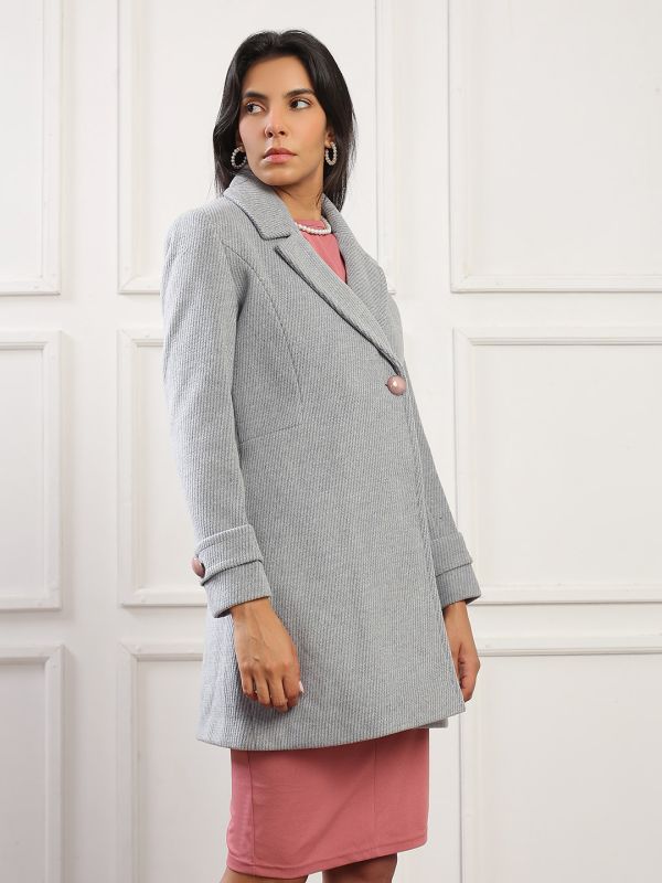 Globus Women Blue Notched Lapel Long Sleeves Striped Self Design 2 Pockets Hip Length Winterwear Overcoat