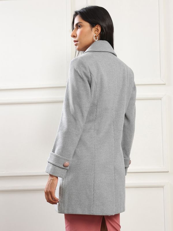 Globus Women Blue Notched Lapel Long Sleeves Striped Self Design 2 Pockets Hip Length Winterwear Overcoat