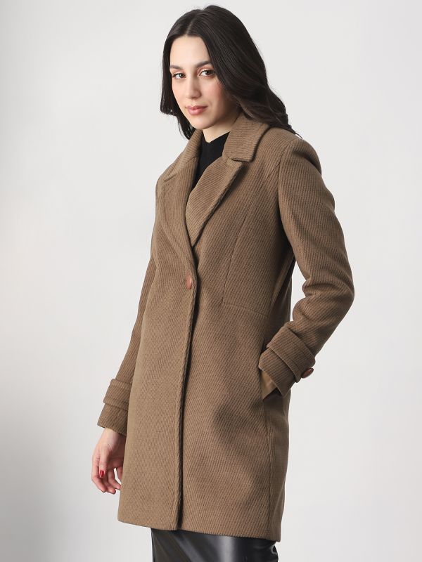 Globus Women Beige Notched Lapel Long Sleeves Striped Self Design 2 Pockets Hip Length Winterwear Overcoat