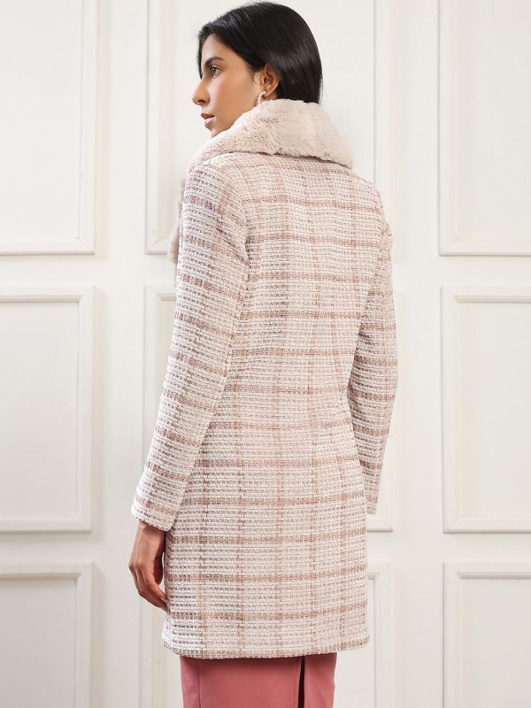 Globus Women Bronze Shawl Collar Long Sleeves Checkered Self Design Faux Fur Detail 2 Pockets Hip Length Winterwear Overcoat