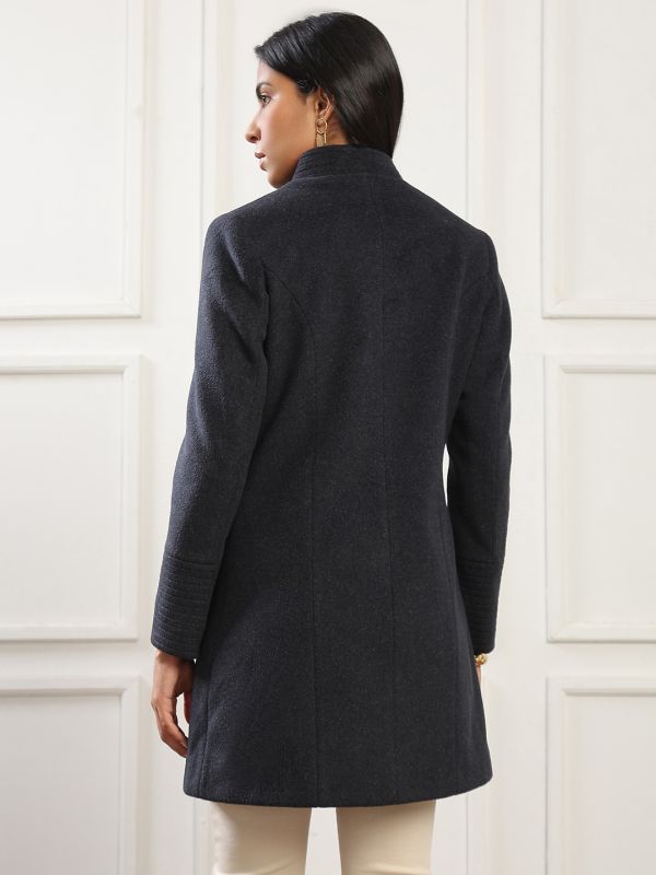 Globus Women Navy Mock Collar Long Sleeves Solid 2 Zipper Pockets Soft Functional Hip Length Winterwear Overcoat