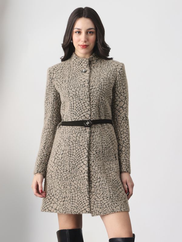 Globus Women Grey Melange Mock Neck Long Sleeves Self Design Winter Wear Overcoat with Belt