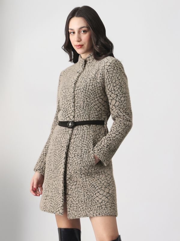 Globus Women Grey Melange Mock Neck Long Sleeves Self Design Winter Wear Overcoat with Belt