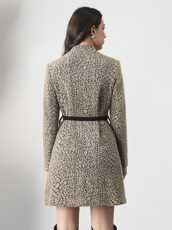 Globus Women Grey Melange Mock Neck Long Sleeves Self Design Winter Wear Overcoat with Belt