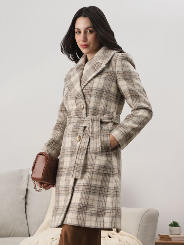 Globus Women Gold Notched Lapel Long Sleeves Checkered Self Design Winter Wear Overcoat with Belt
