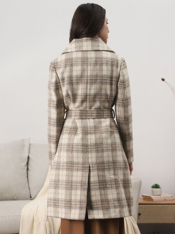 Globus Women Gold Notched Lapel Long Sleeves Checkered Self Design Winter Wear Overcoat with Belt