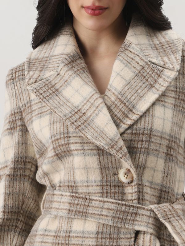 Globus Women Gold Notched Lapel Long Sleeves Checkered Self Design Winter Wear Overcoat with Belt