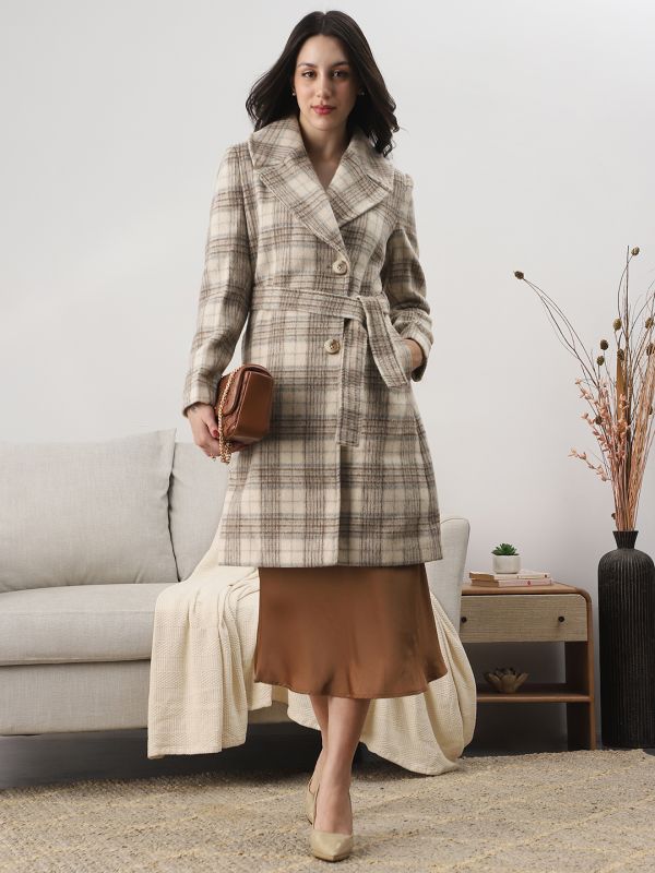 Globus Women Gold Notched Lapel Long Sleeves Checkered Self Design Winter Wear Overcoat with Belt