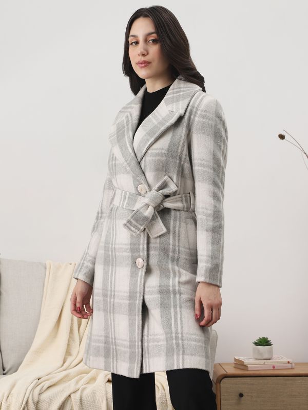 Globus Women White Notched Lapel Long Sleeves Checkered Self Design Winter Wear Overcoat with Belt