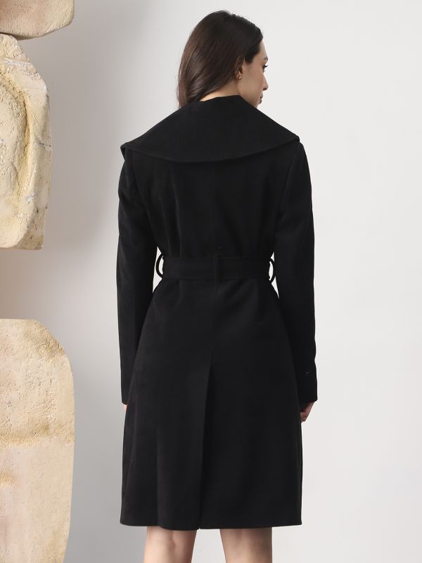 Globus Women Black Shawl Collar Long Sleeves Self Design Winter Wear Overcoat with Belt
