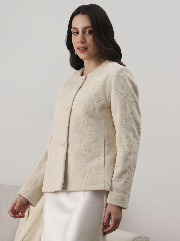Globus Women Off White Round Neck Long Sleeves Floral Self Design Winter Wear Overcoat