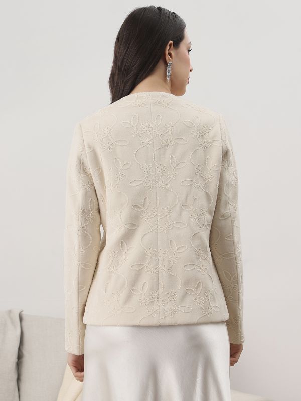 Globus Women Off White Round Neck Long Sleeves Floral Self Design Winter Wear Overcoat