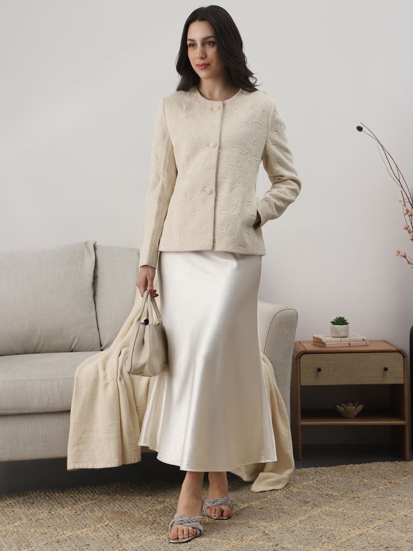 Globus Women Off White Round Neck Long Sleeves Floral Self Design Winter Wear Overcoat