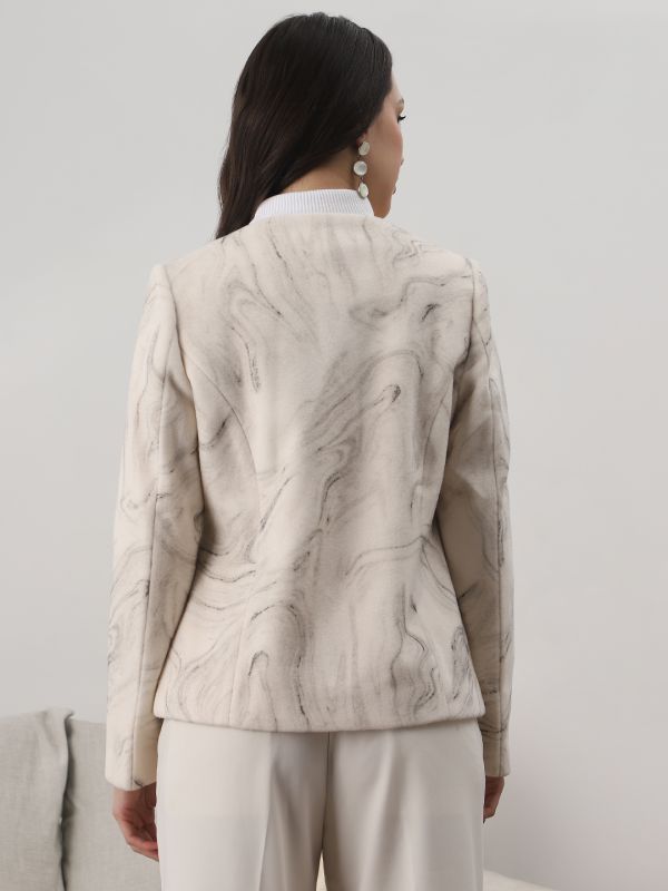 Globus Women Off White Round Neck Long Sleeves Self Design Winter Wear Overcoat