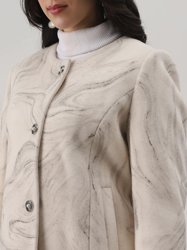 Globus Women Off White Round Neck Long Sleeves Self Design Winter Wear Overcoat