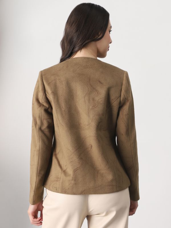 Globus Women Brown Round Neck Long Sleeves Self Design Winter Wear Overcoat
