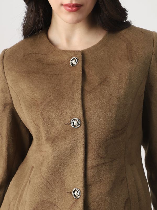 Globus Women Brown Round Neck Long Sleeves Self Design Winter Wear Overcoat
