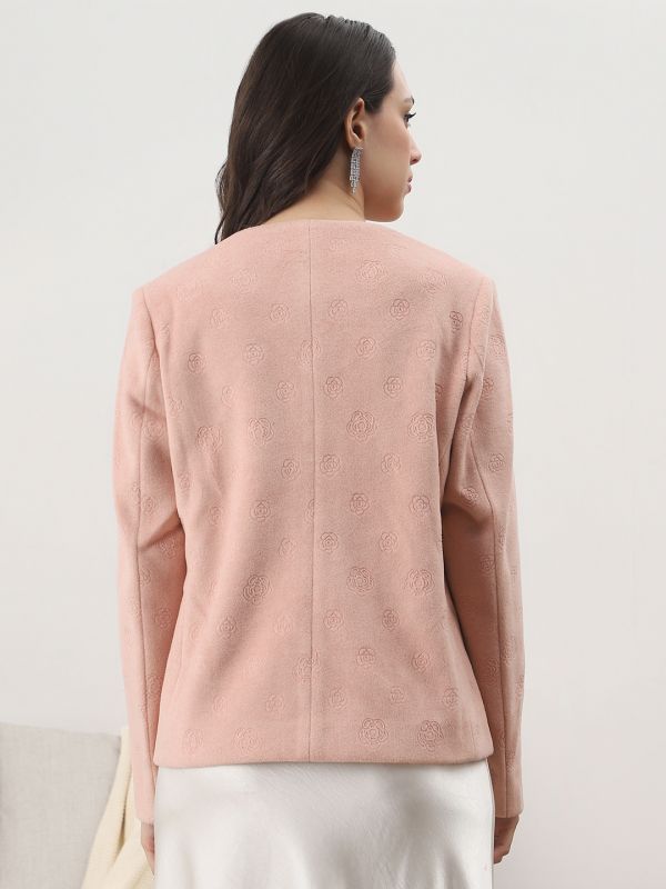 Globus Women Pink Round Neck Long Sleeves Floral Self Design Embellished Wool 2 Pockets Winterwear Overcoat