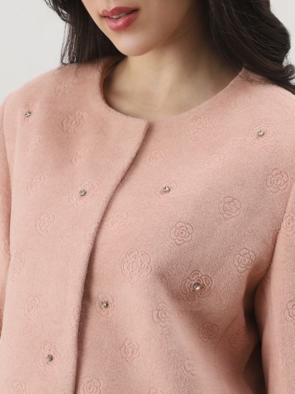 Globus Women Pink Round Neck Long Sleeves Floral Self Design Embellished Wool 2 Pockets Winterwear Overcoat