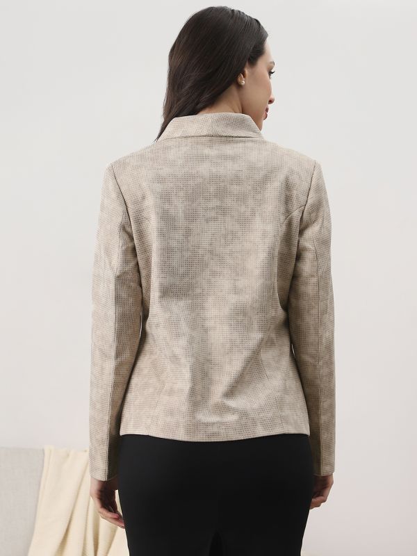 Globus Women Beige Shawl Collar Long Sleeves Self Design 2 Pockets Winterwear Overcoat