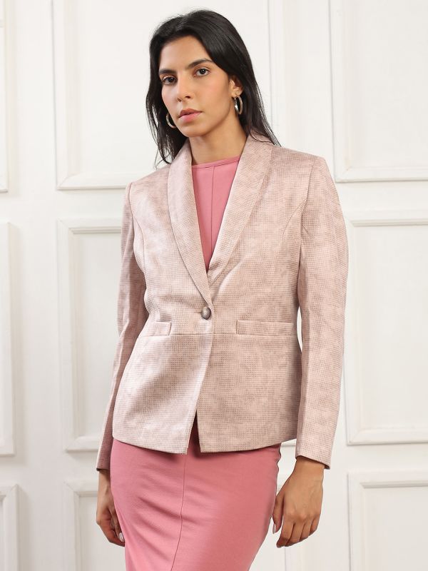 Globus Women Pink Shawl Collar Long Sleeves Self Design 2 Pockets Winterwear Overcoat