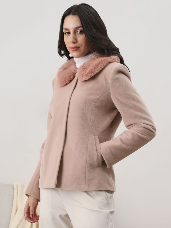Globus Women Pink Peter Pan Collar Long Sleeves Faux Fur Detail 2 Pockets Winterwear Overcoat