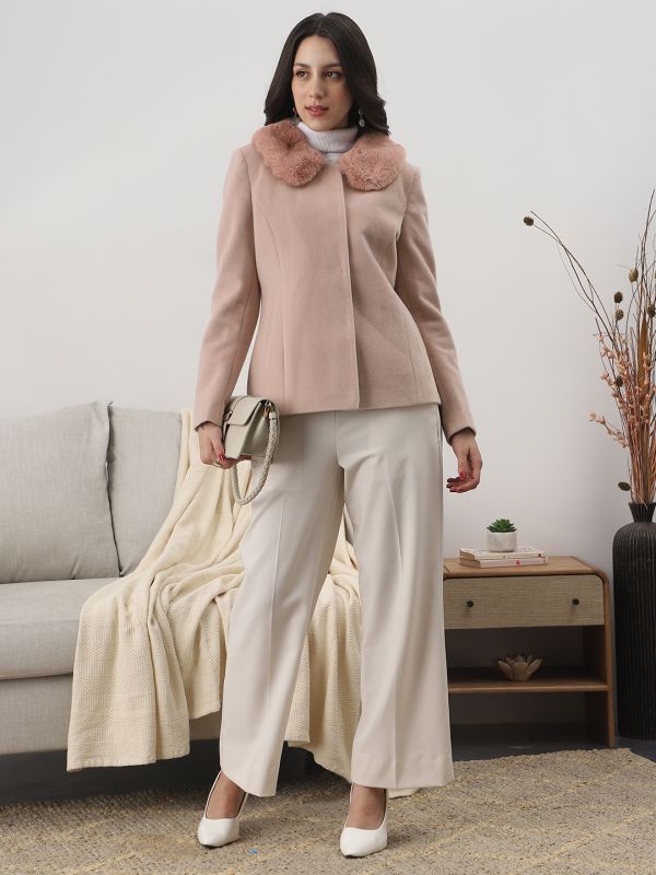 Globus Women Pink Peter Pan Collar Long Sleeves Faux Fur Detail 2 Pockets Winterwear Overcoat