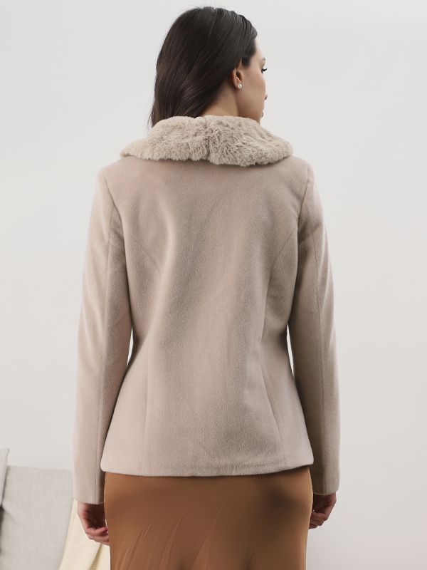 Globus Women Beige Peter Pan Collar Long Sleeves Faux Fur Detail 2 Pockets Winterwear Overcoat