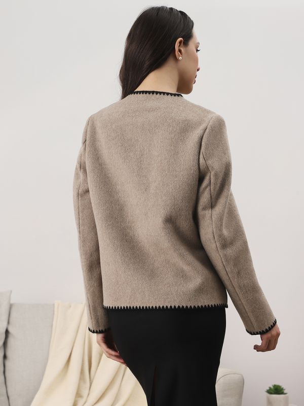 Globus Women Brown Round Neck Long Sleeves Embroidered Detail Self Design 2 Pockets Winterwear Overcoat