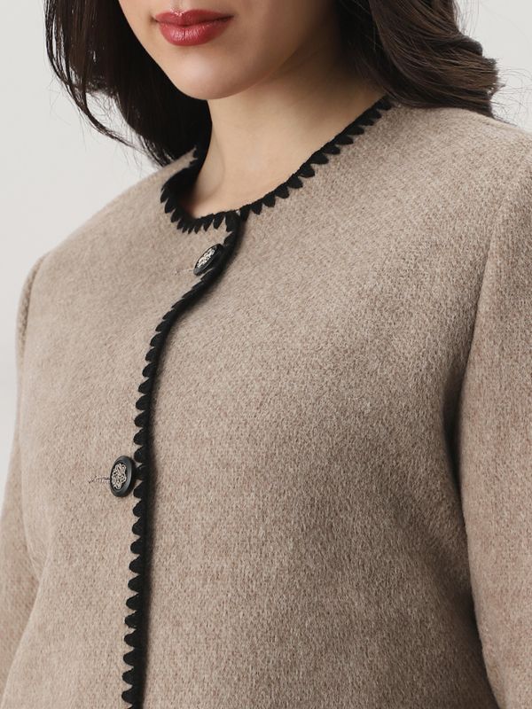 Globus Women Brown Round Neck Long Sleeves Embroidered Detail Self Design 2 Pockets Winterwear Overcoat