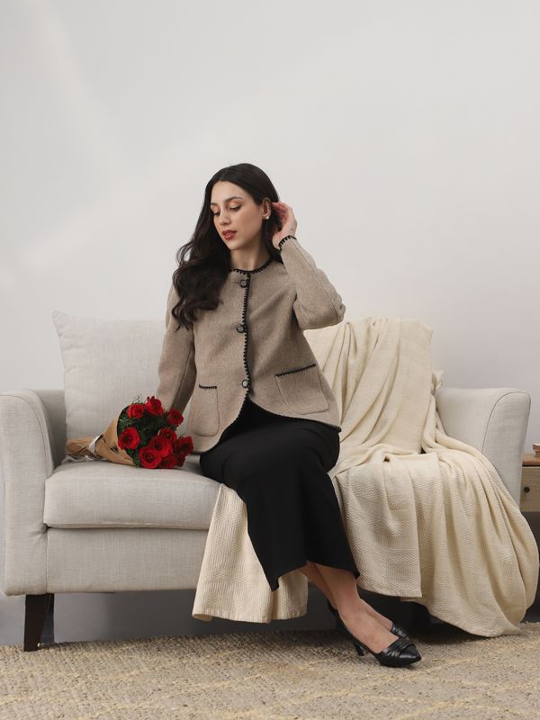 Globus Women Brown Round Neck Long Sleeves Embroidered Detail Self Design 2 Pockets Winterwear Overcoat