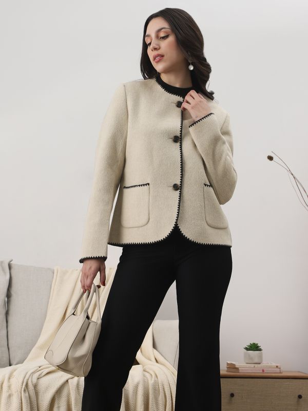 Globus Women Camel Brown Round Neck Long Sleeves Embroidered Detail Self Design 2 Pockets Winterwear Overcoat